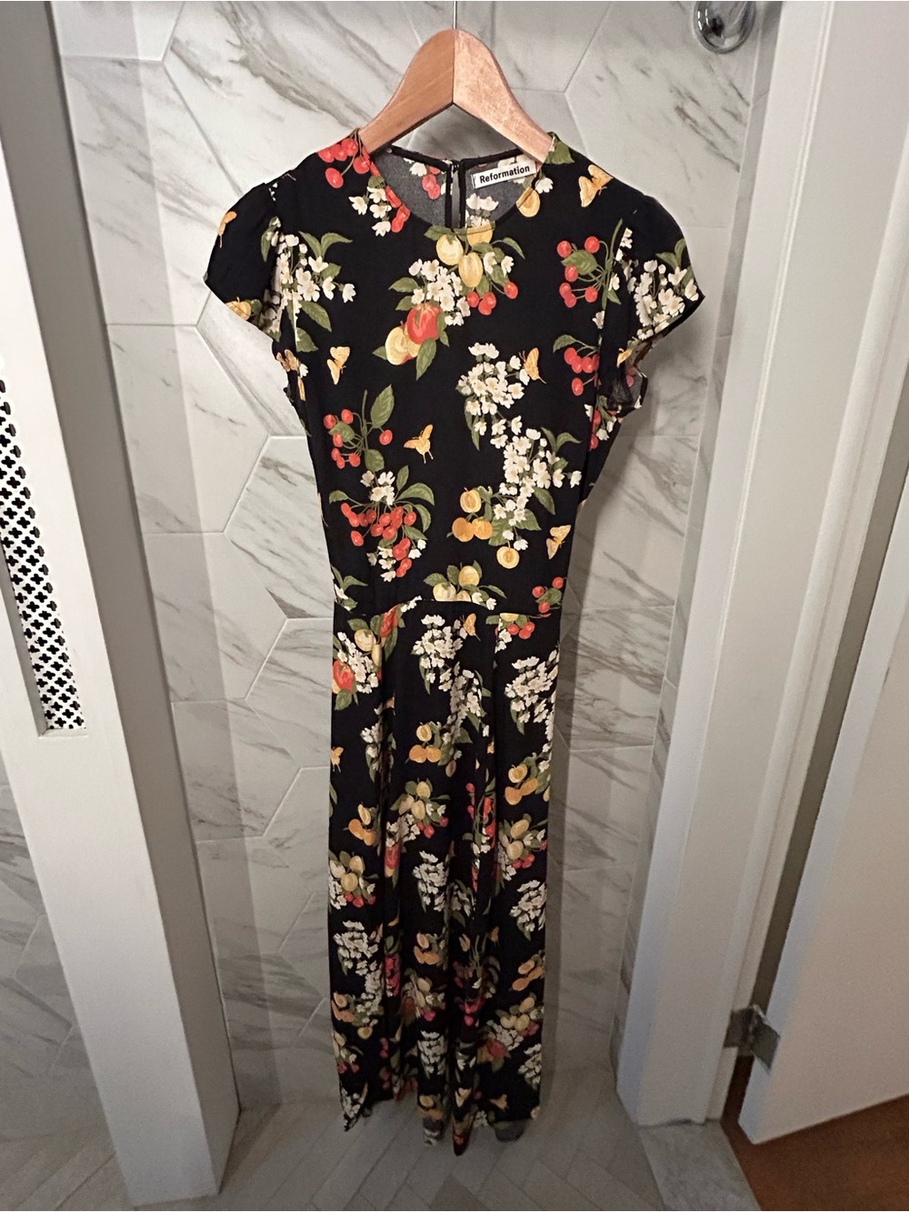 Reformation Black Maxi Dress with Yellow, Red & Green Floral Fruit Print